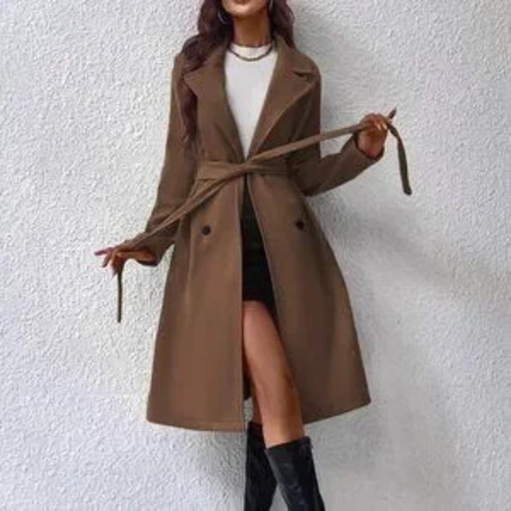 ZARA Brown Preppy Womens Lapel Neck Double Breasted Belted Coat